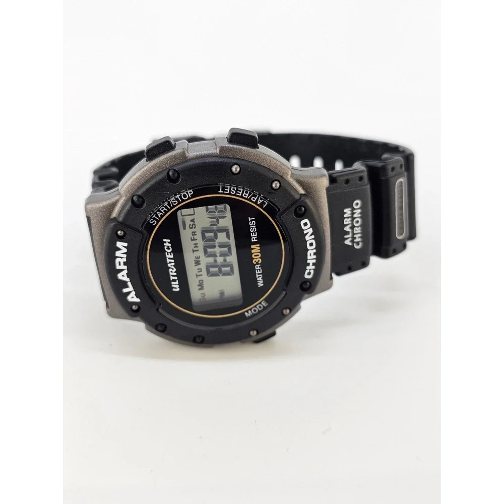 Men's Sports Digital Watch 44MM Black Plastic Bands Alarm Chrono New Battery